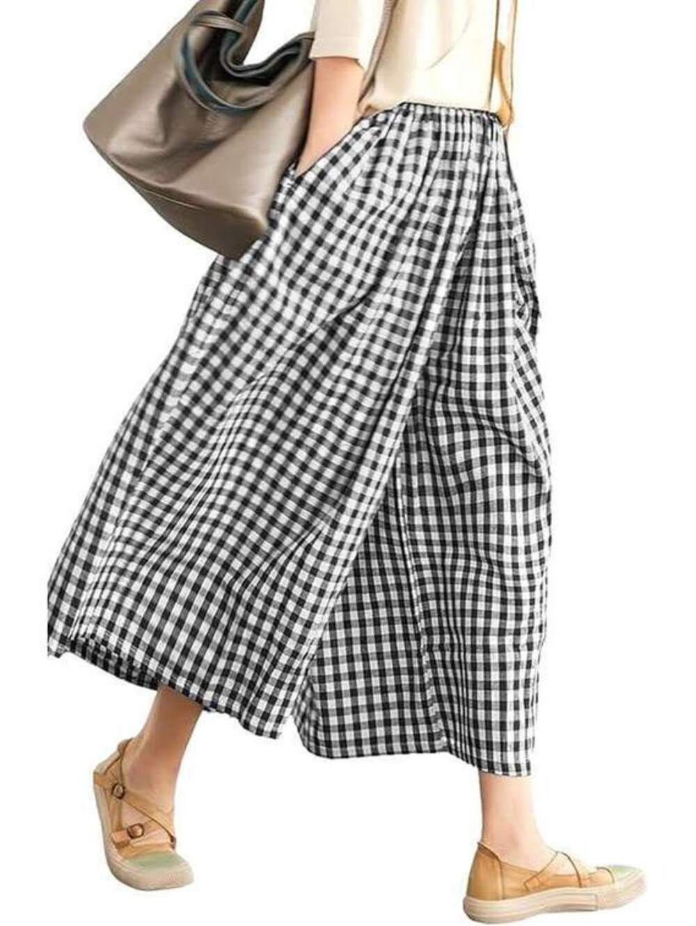 LOMON Black & White Plaid Wide‑Leg Capri Pants – Size L – New Without Tags